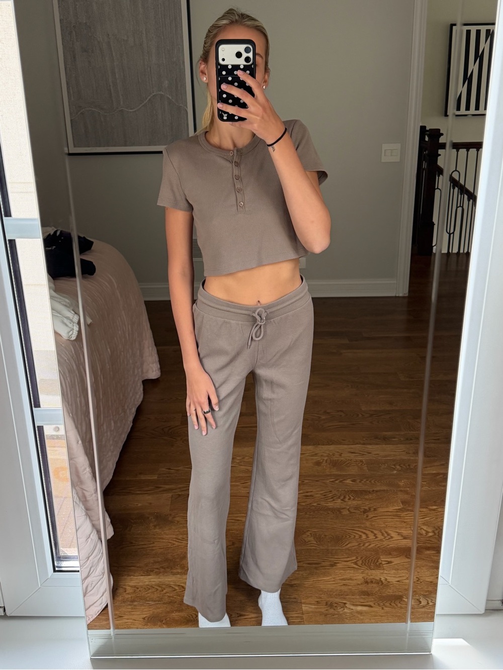 Sunday Best Taupe Wide Leg Drawstring Pants & Cropped Henley Top